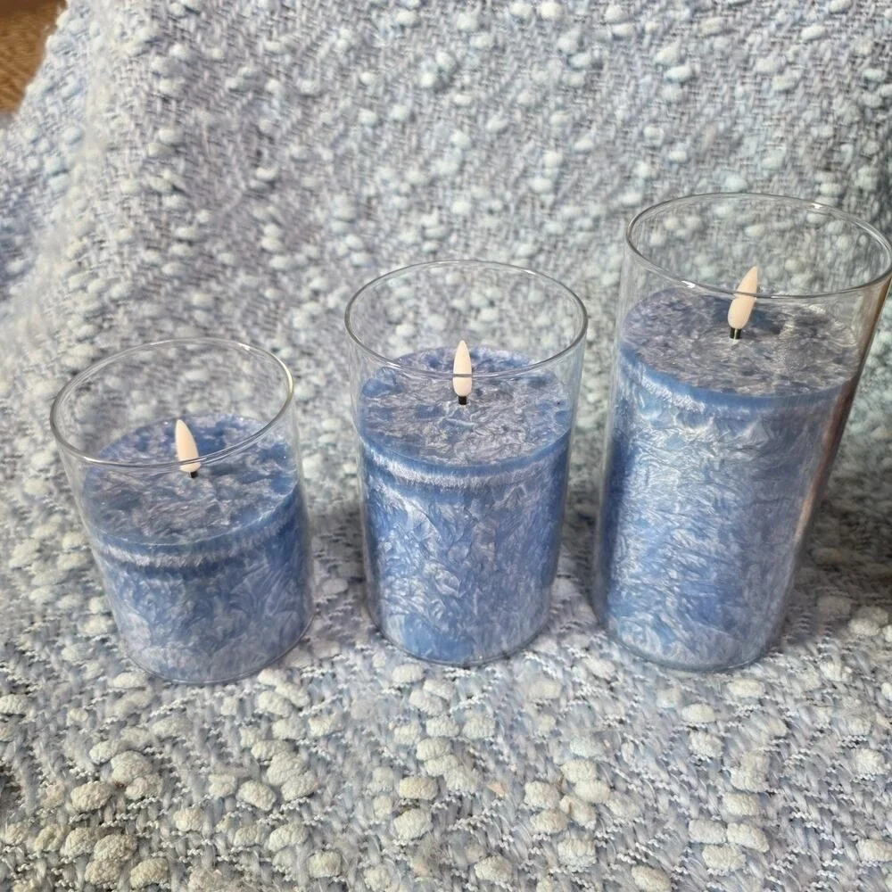 Living Embossed Blue Christmas Holiday 3-Piece LED Candle‎ Set E2